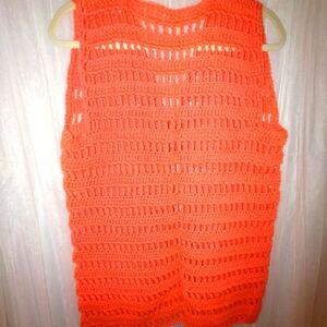 Hand Knitted 100% Wool Orange Sleeveless Cardigan